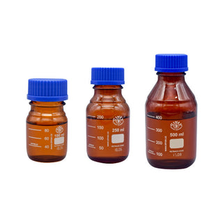 Simax Lab Media Reagent Bottle Amber GL45 Blue PP Cap and Outlet Ring Borosilicate Glass