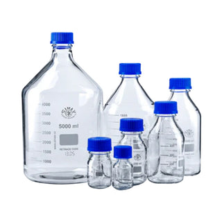 Simax Lab Media Reagent Bottle Clear GL45 Blue PP Cap and Outlet Ring Borosilicate Glass