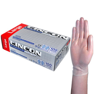 Lincon Vinyl Examination Gloves Low Powder ASTM Box and Carton