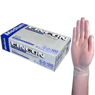 Lincon Vinyl Examination Gloves Low Powder ASTM Box and Carton