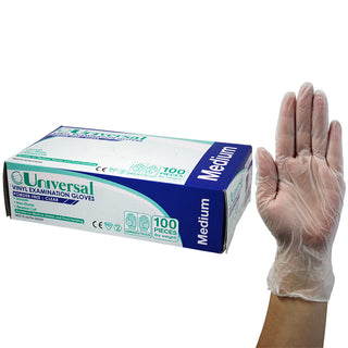 Universal Vinyl Examination Gloves Powder Free ASTM Box and Carton Clear