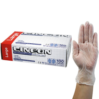 Lincon Vinyl Examination Gloves Powder Free ASTM Box and Carton Clear
