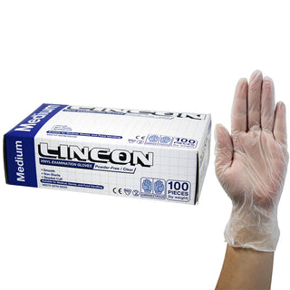 Lincon Vinyl Examination Gloves Powder Free ASTM Box and Carton Clear