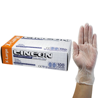 Lincon Vinyl Examination Gloves Powder Free ASTM Box and Carton Clear