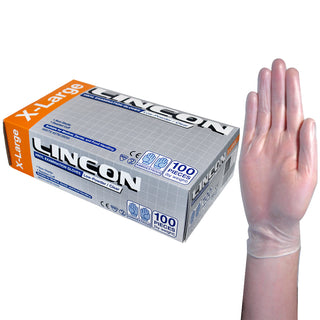 Lincon Vinyl Examination Gloves Low Powder ASTM Box and Carton